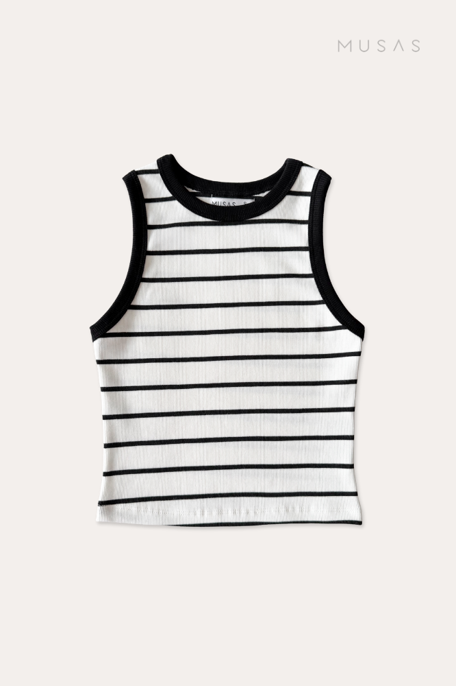 TOP HAZEL - PERLA A RAYAS RIB NEGRO