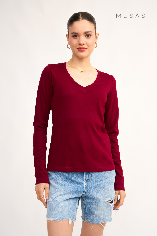 POLO MANGA LARGA TALÍA - MERLOT