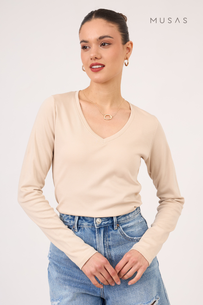 POLO MANGA LARGA TALÍA - BEIGE