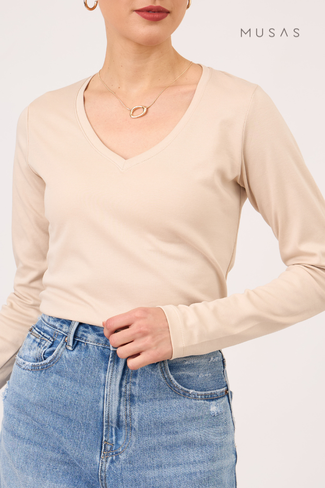 POLO MANGA LARGA TALÍA - BEIGE